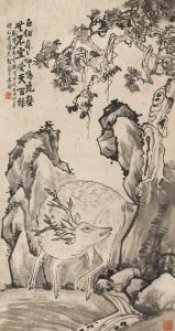 《古柏鸣鹿图》轴